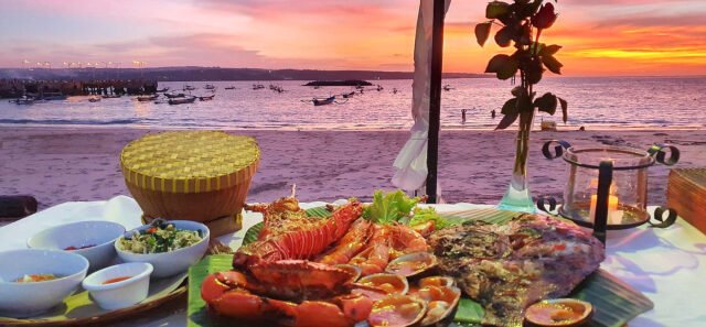 beachfront seafood dinner